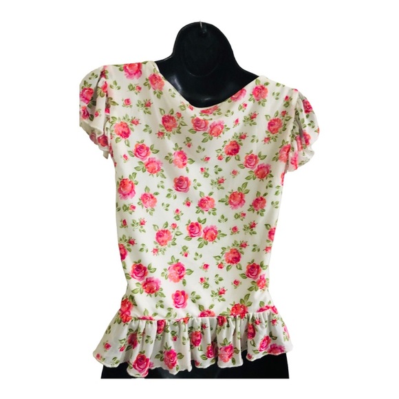 Black pink purple‎ floral peplum shirred front heart neckline blouse size large - Picture 14 of 14